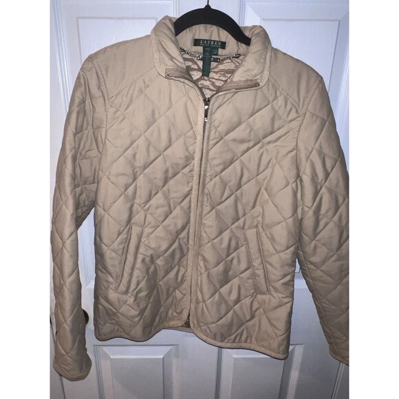 Lauren Ralph Lauren Quilted Jacket Women Small Tan Barn Coat Equestrian Vintage - Picture 8 of 8